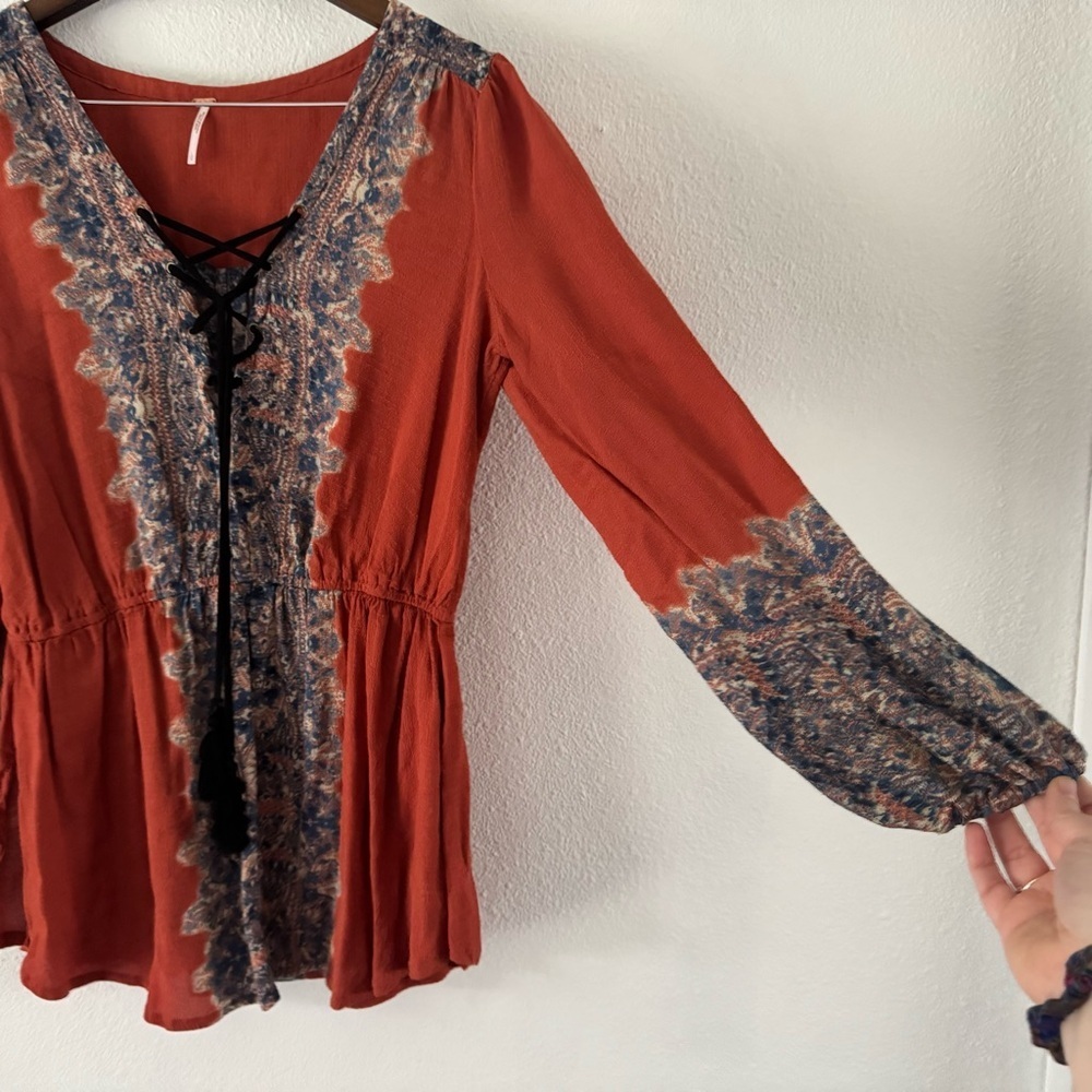 Free People Wildest Moment Rust Paisley Lace-Up Tunic Large Boho Romantic - Picture 3 of 16